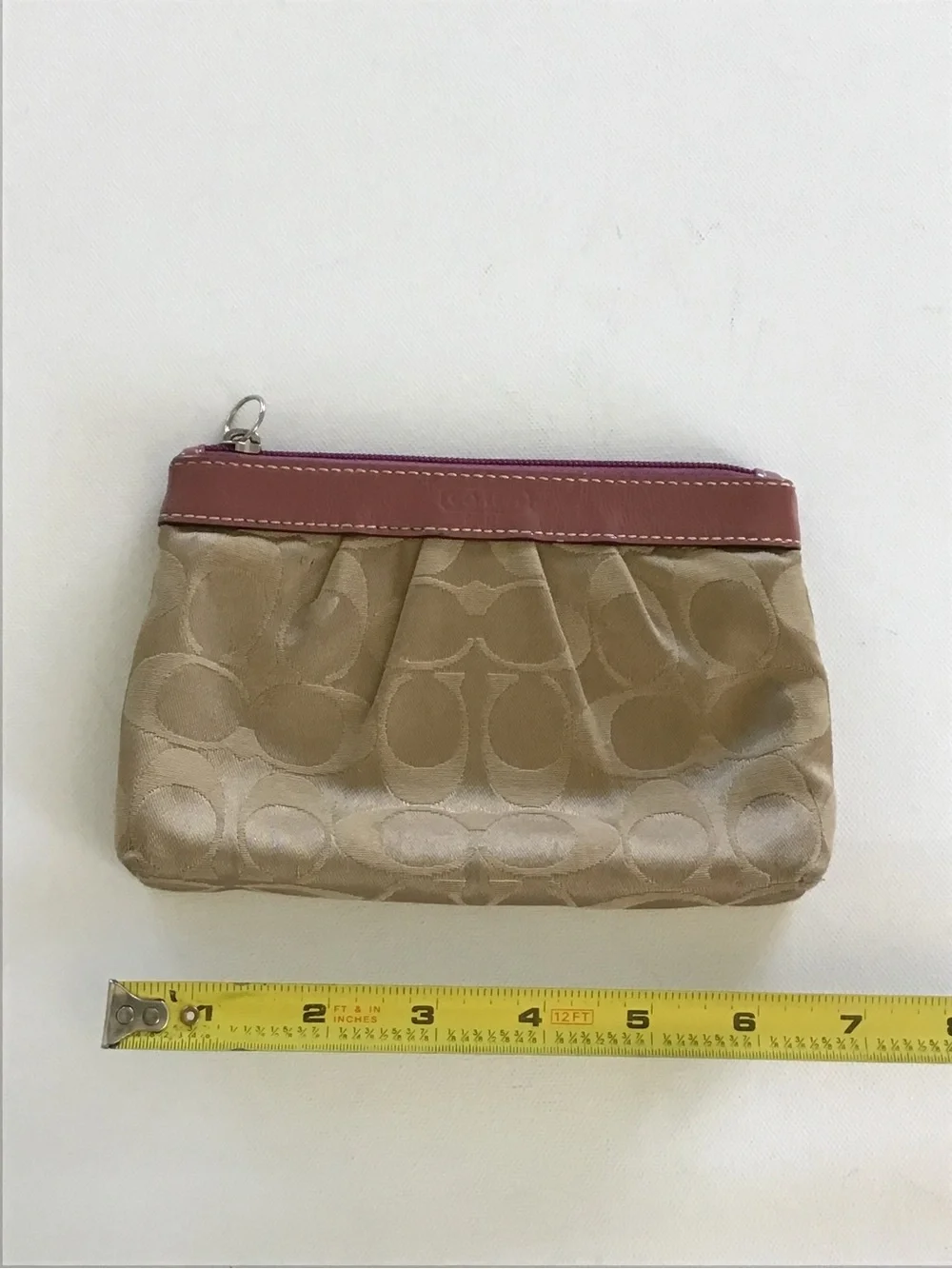 Coach Signature Canvas Zip Cosmetic Pouch Makeup Bag Khaki Mauve